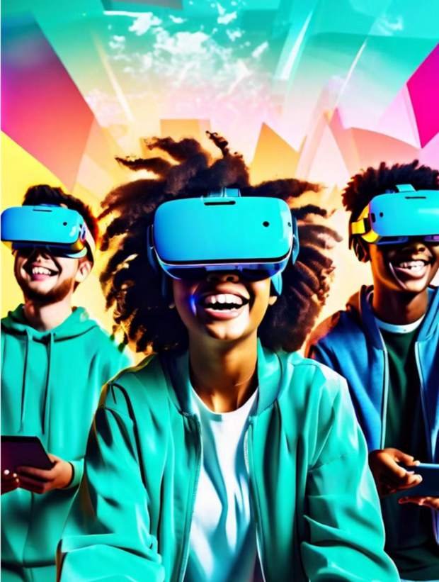 Gruppe von 3 Schülern die VR-Brillen tragen.